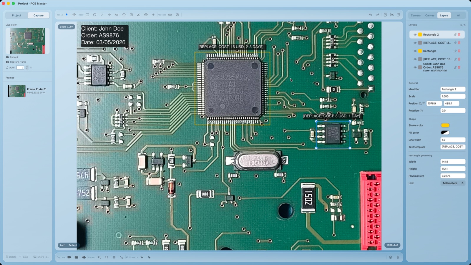 PCB inspection with annotated components and repair notes